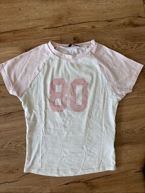 Edikted White Tee with Light Pink Raglan Sleeves and '80' Graphic